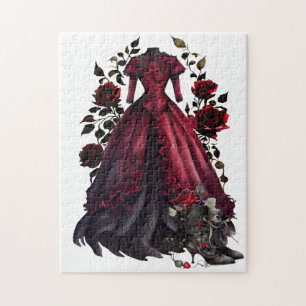 Victorian Red Dress and Heels Antique Roses Gown Jigsaw Puzzle