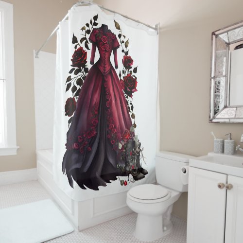 Victorian Red Dress and Heels  Antique Roses Gown Shower Curtain