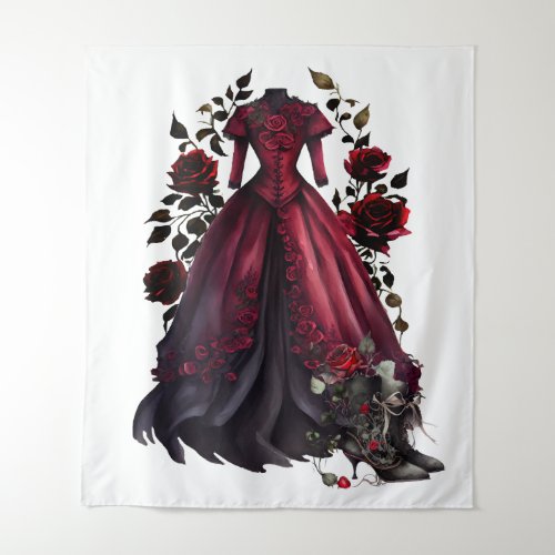 Victorian Red Dress and Heels  Antique Roses Gown Tapestry