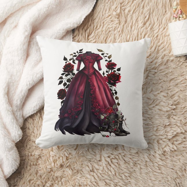 Victorian Red Dress and Heels | Antique Roses Gown Throw Pillow (Blanket)