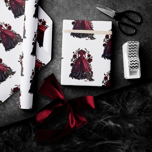 Victorian Red Dress and Heels  Antique Roses Gown Wrapping Paper