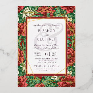 Victorian Red Floral Wedding Chintz Vintage Foil Holiday Card