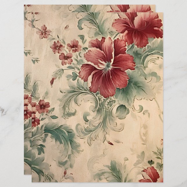 Victorian Red Flowers Scrapbook Paper (Front/Back)