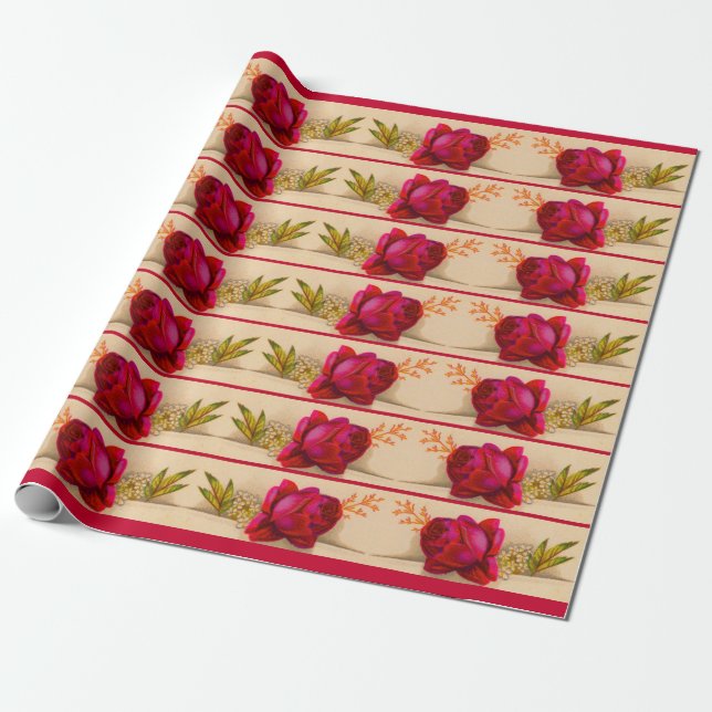 Victorian red rose print wrapping paper (Unrolled)