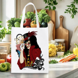 Victorian Red Steampunk Black Octopus Reusable Grocery Bag