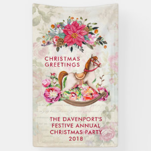 Victorian Rocking Horse & Poinsettia Christmas Banner