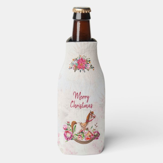 Victorian Rocking Horse & Poinsettia Christmas Bottle Cooler (Bottle Front)