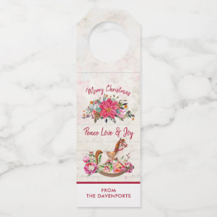 Victorian Rocking Horse & Poinsettia Christmas Bottle Hanger Tag