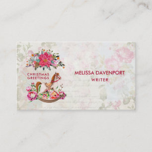Victorian Rocking Horse & Poinsettia Christmas Business Card