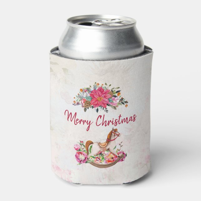 Victorian Rocking Horse & Poinsettia Christmas Can Cooler (Can Front)