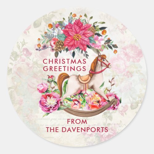 Victorian Rocking Horse  Poinsettia Christmas Classic Round Sticker