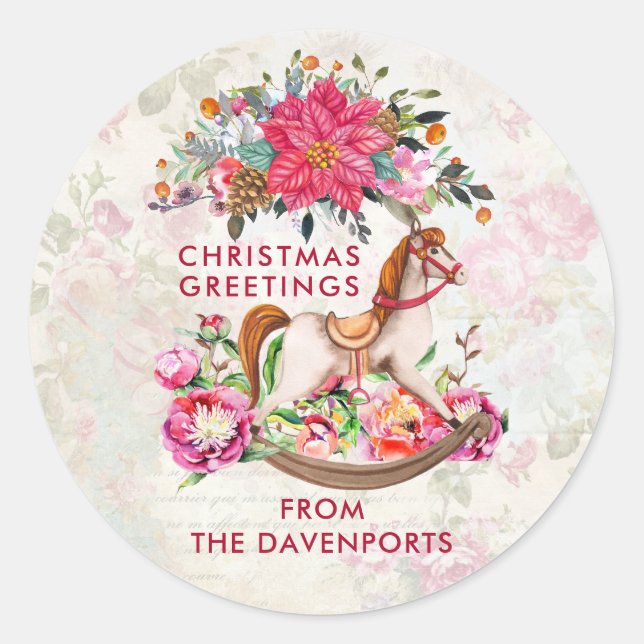 Victorian Rocking Horse & Poinsettia Christmas Classic Round Sticker (Front)