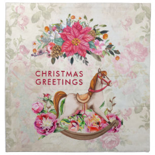Victorian Rocking Horse & Poinsettia Christmas Cloth Napkin