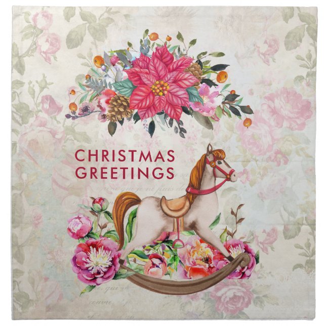 Victorian Rocking Horse & Poinsettia Christmas Cloth Napkin (Front)