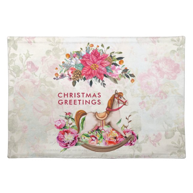 Victorian Rocking Horse & Poinsettia Christmas Cloth Placemat (Front)