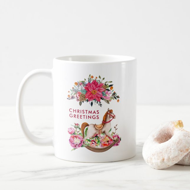Victorian Rocking Horse & Poinsettia Christmas Coffee Mug (With Donut)