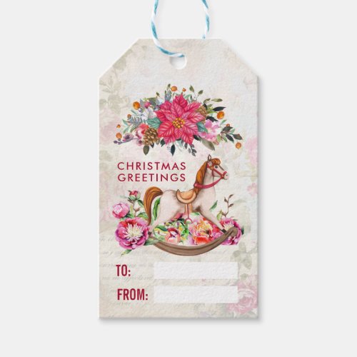 Victorian Rocking Horse  Poinsettia Christmas Gift Tags