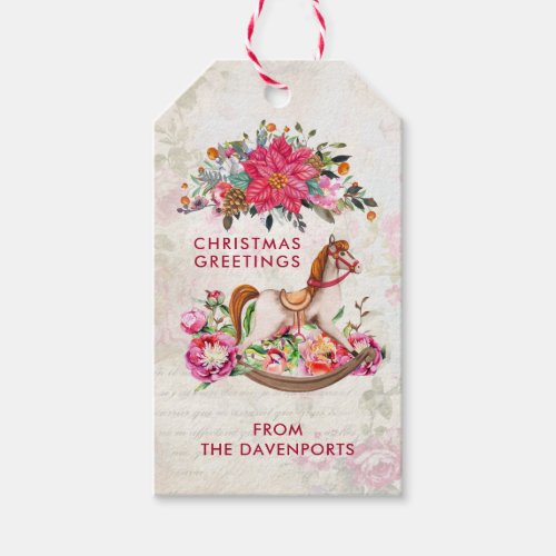 Victorian Rocking Horse  Poinsettia Christmas Gift Tags