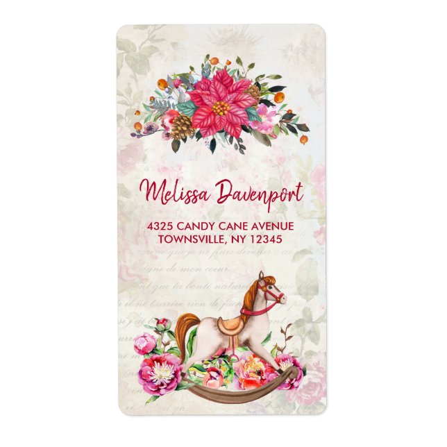Victorian Rocking Horse & Poinsettia Christmas Label (Front)