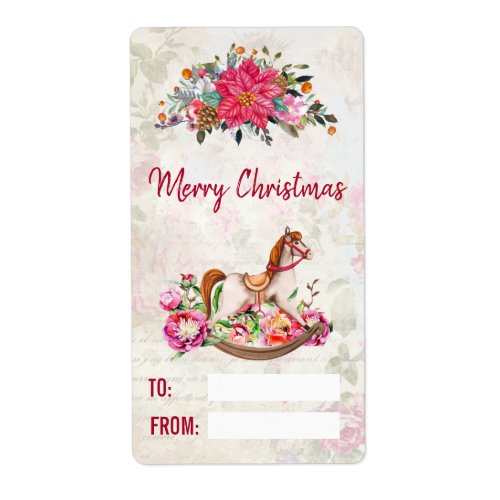 Victorian Rocking Horse  Poinsettia Christmas Label