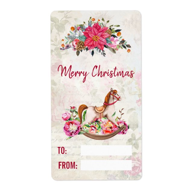 Victorian Rocking Horse & Poinsettia Christmas Label (Front)