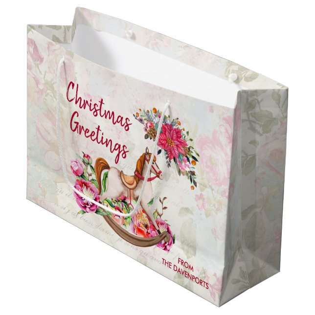 Victorian Rocking Horse & Poinsettia Christmas Large Gift Bag (Front Angled)