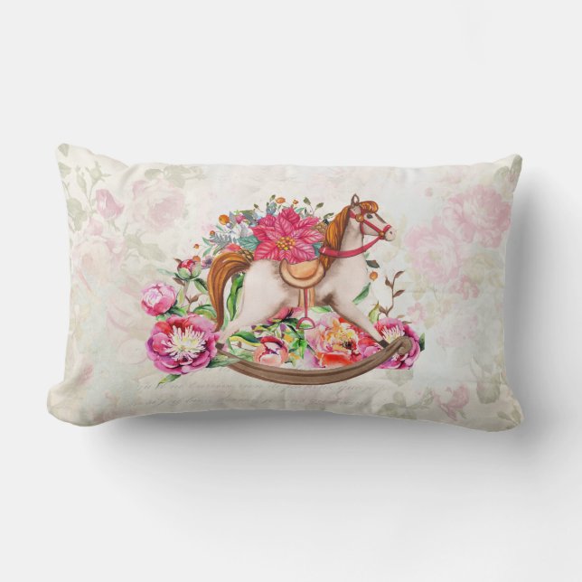 Victorian Rocking Horse & Poinsettia Christmas Lumbar Pillow (Front)