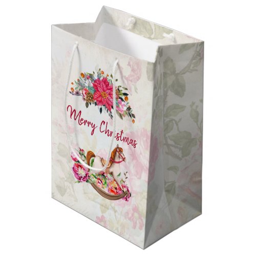 Victorian Rocking Horse  Poinsettia Christmas Medium Gift Bag