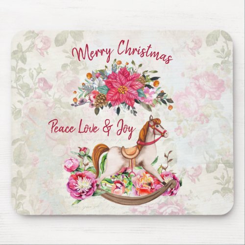 Victorian Rocking Horse  Poinsettia Christmas Mouse Pad
