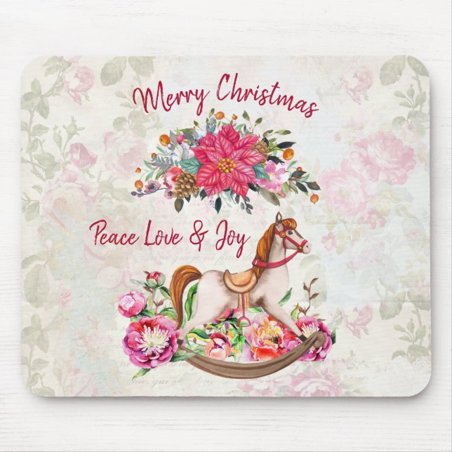 Victorian Rocking Horse & Poinsettia Christmas Mouse Pad (Front)