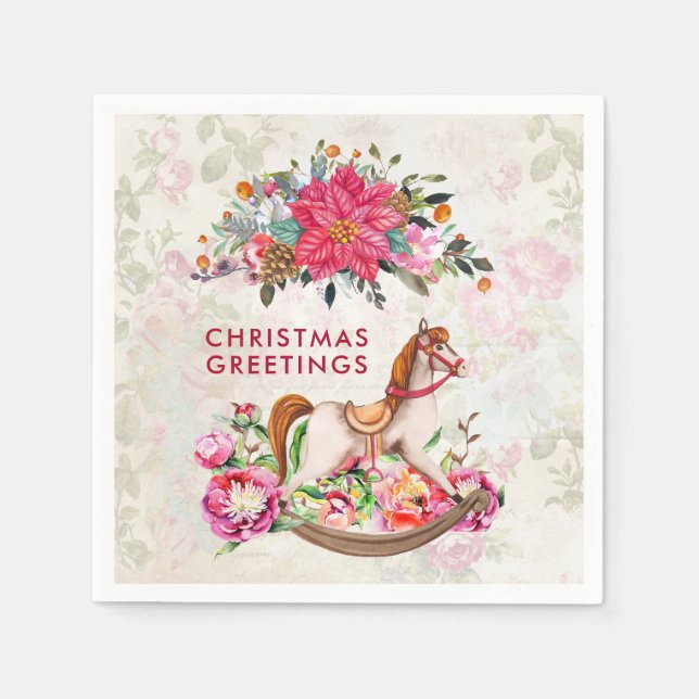 Victorian Rocking Horse & Poinsettia Christmas Napkins (Front)