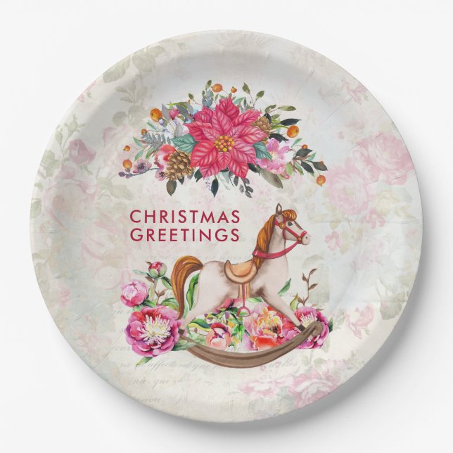 Victorian Rocking Horse & Poinsettia Christmas Paper Plates (Front)