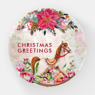Victorian Rocking Horse & Poinsettia Christmas Paperweight