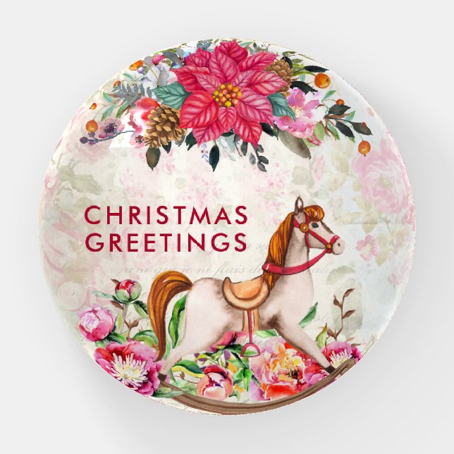 Victorian Rocking Horse & Poinsettia Christmas Paperweight (Front)