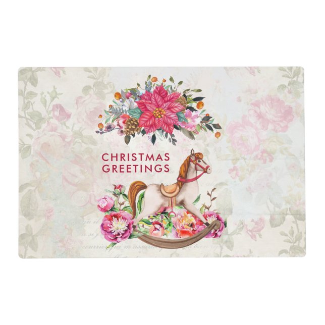 Victorian Rocking Horse & Poinsettia Christmas Placemat (Front)