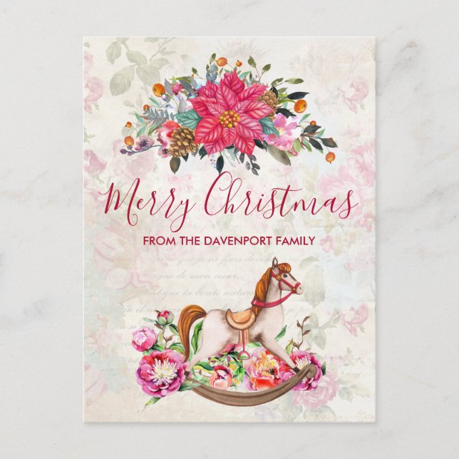 Victorian Rocking Horse & Poinsettia Christmas Postcard (Front)