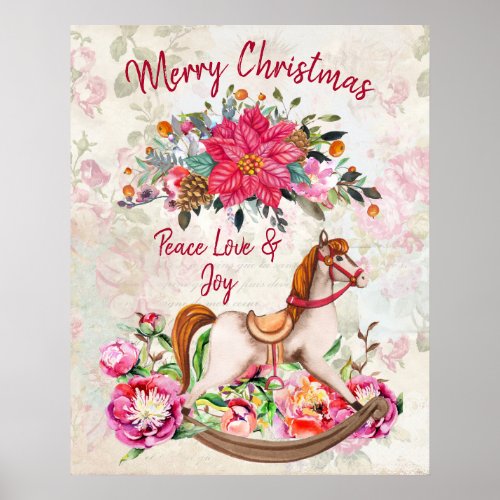 Victorian Rocking Horse  Poinsettia Christmas Poster