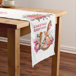 Victorian Rocking Horse & Poinsettia Christmas Short Table Runner