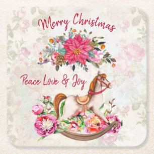 Victorian Rocking Horse & Poinsettia Christmas Square Paper Coaster