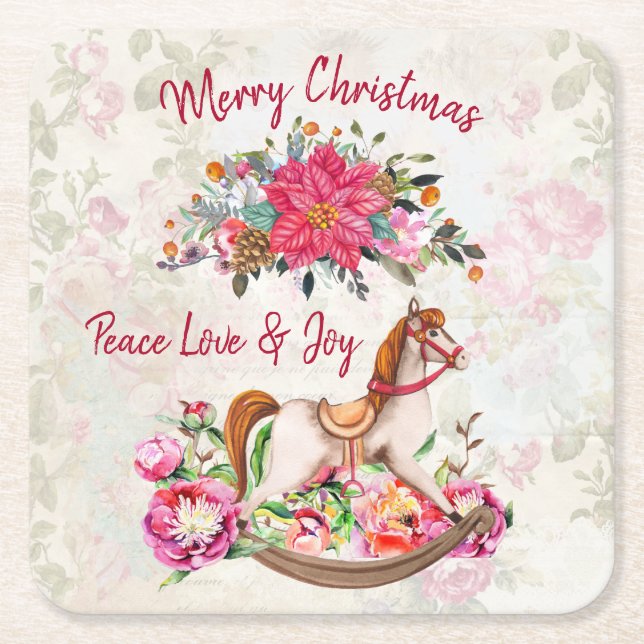 Victorian Rocking Horse & Poinsettia Christmas Square Paper Coaster (Front)