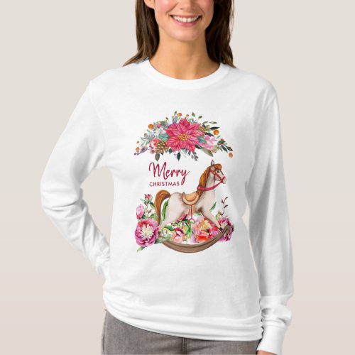 Victorian Rocking Horse  Poinsettia Christmas T_Shirt