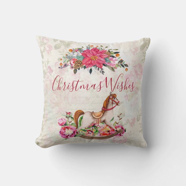 Victorian Rocking Horse & Poinsettia Christmas Throw Pillow (Front)