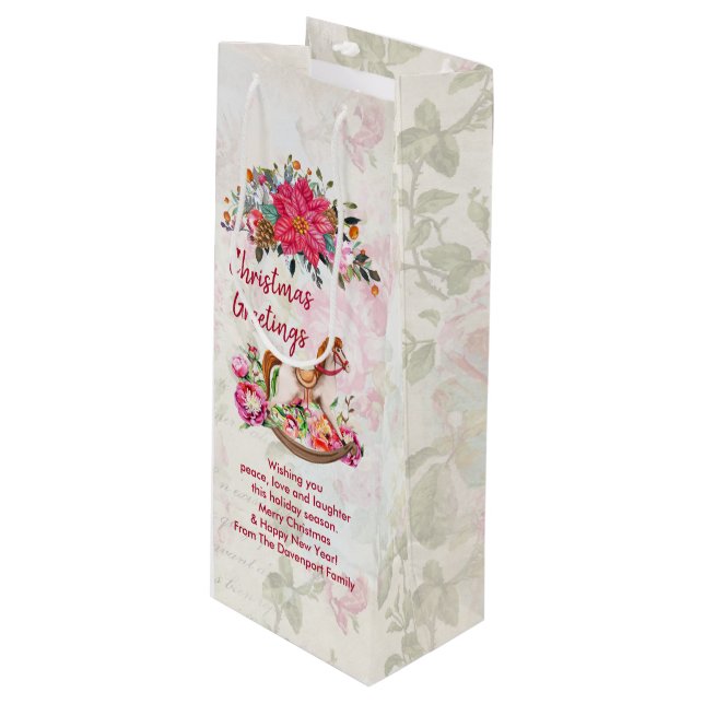 Victorian Rocking Horse & Poinsettia Christmas Wine Gift Bag (Front Angled)
