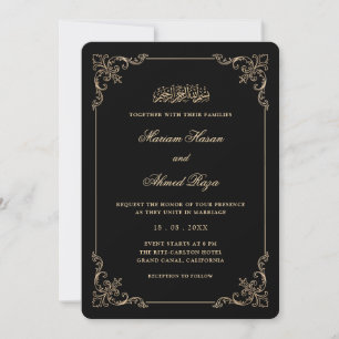 Victorian Rococo Frame Gold Black Muslim Wedding Invitation