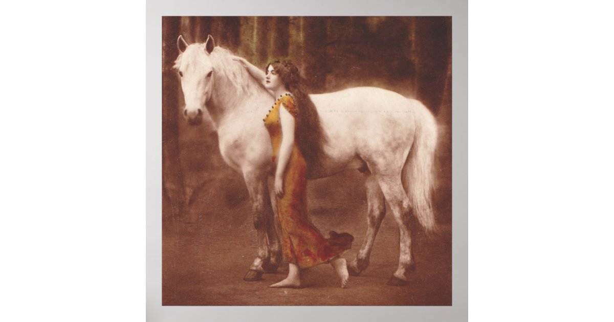Victorian Romantic Girl with White Stallion Horse Poster | Zazzle.com