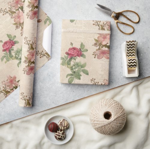 Victorian Rose and Text Ephemera  Wrapping Paper