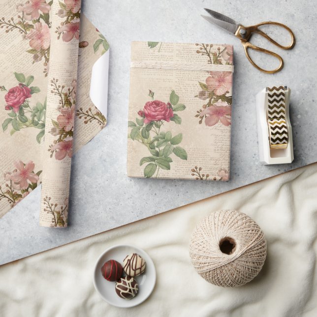 Victorian Rose and Text Ephemera  Wrapping Paper (Crafts)