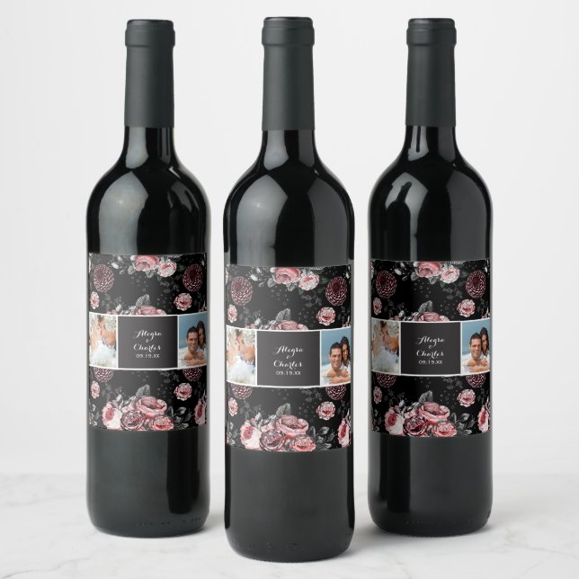 Victorian Rose Black Pink Wedding Photo Collage Wine Label (Bottles)