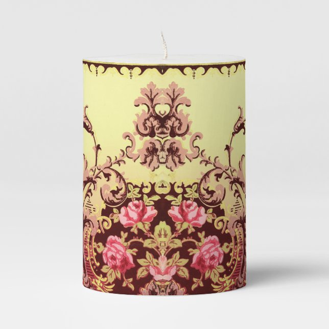 Victorian rose elegant floral vintage red and gold pillar candle (Front)