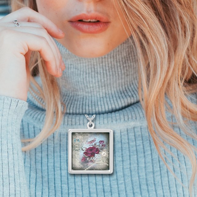 Victorian Rose Ephemera Silver Plated Necklace (Creator Uploaded)